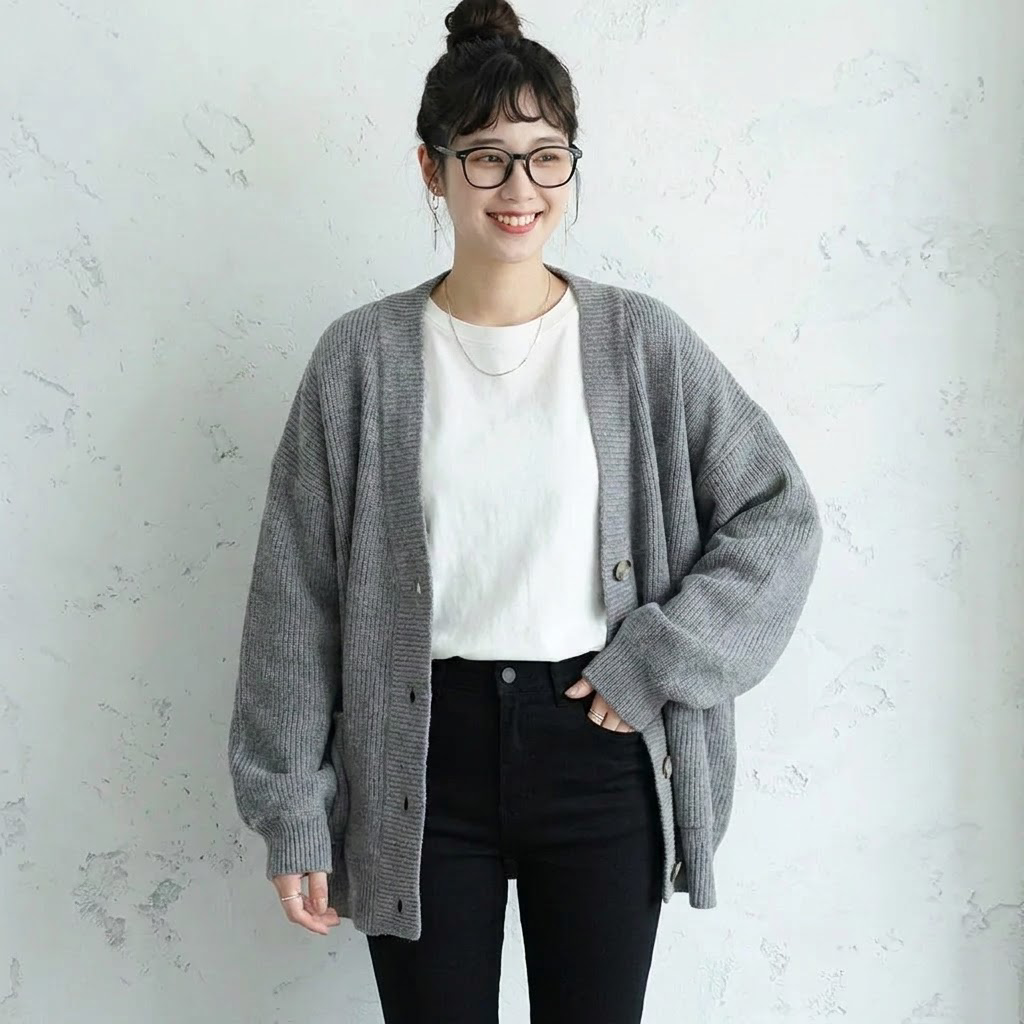 【ナチュラル】L-4XL 定番 無地 長袖 ボタン カーディガン L コーヒー