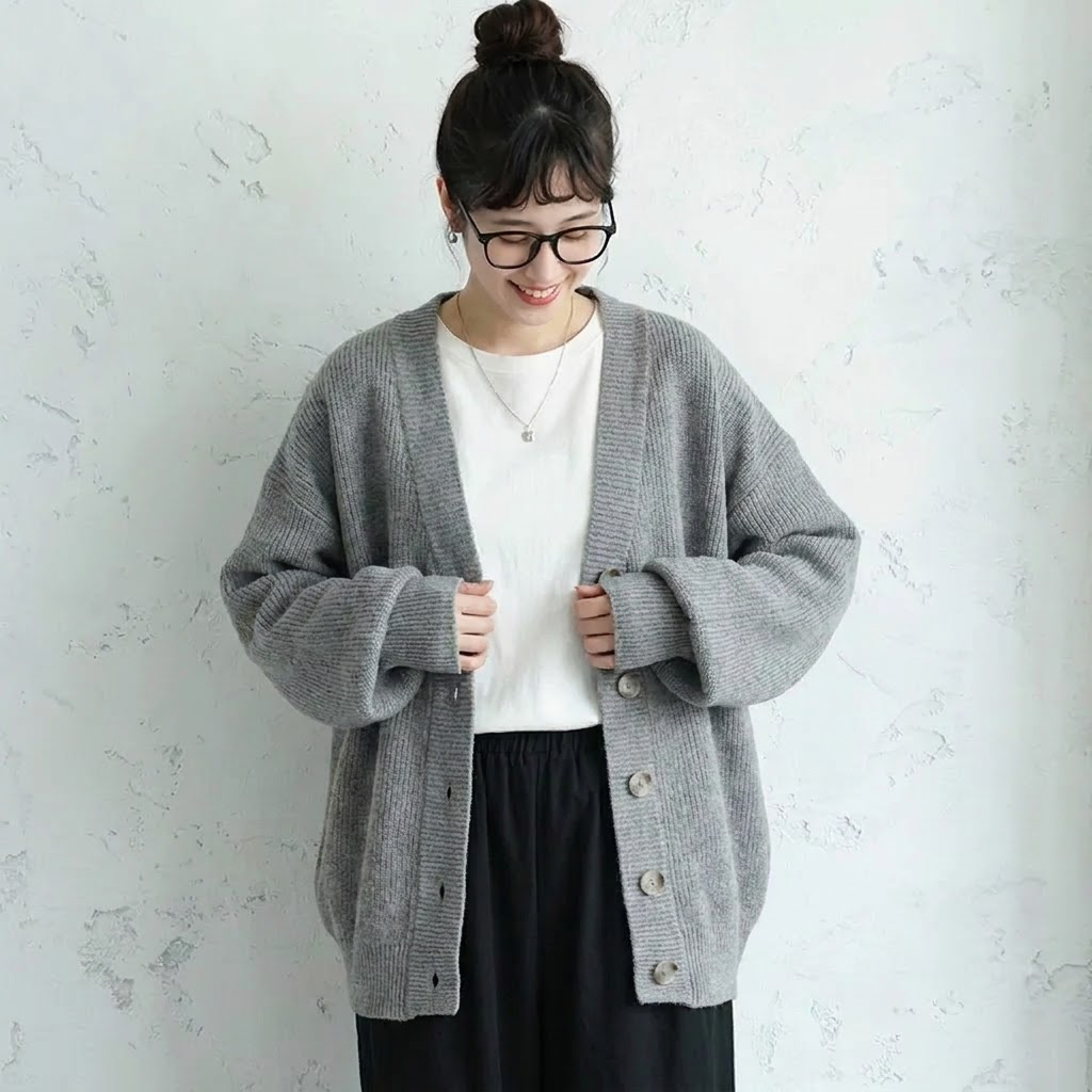 【ナチュラル】L-4XL 定番 無地 長袖 ボタン カーディガン L コーヒー