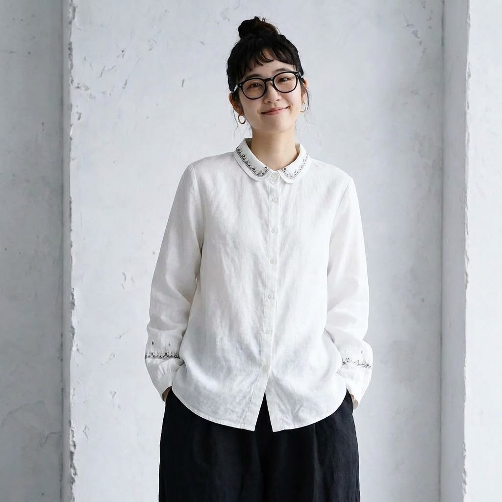 大人可愛いML 刺繍 無地 シャツ袖 長袖 エスニック系 シャツ M ホワイト