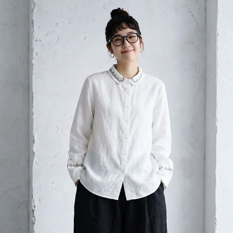 大人可愛いML 刺繍 無地 シャツ袖 長袖 エスニック系 シャツ M ホワイト