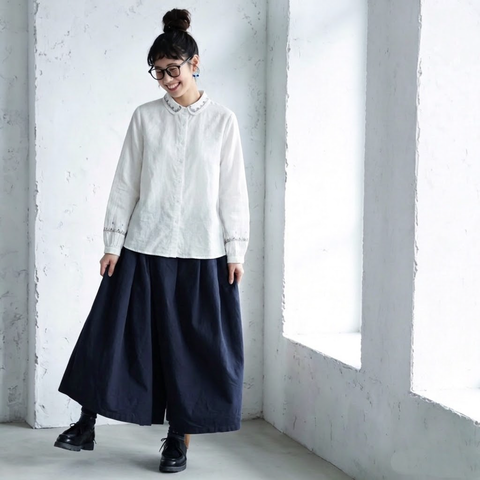 大人可愛いML 刺繍 無地 シャツ袖 長袖 エスニック系 シャツ L ホワイト