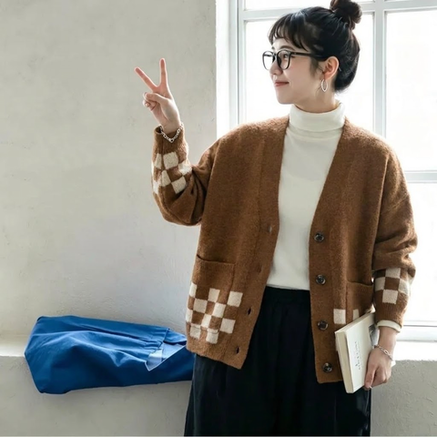S-4XL 絶対欲しい 長袖  配色 切り替え 市松模様 ニット カーディガン S グレー