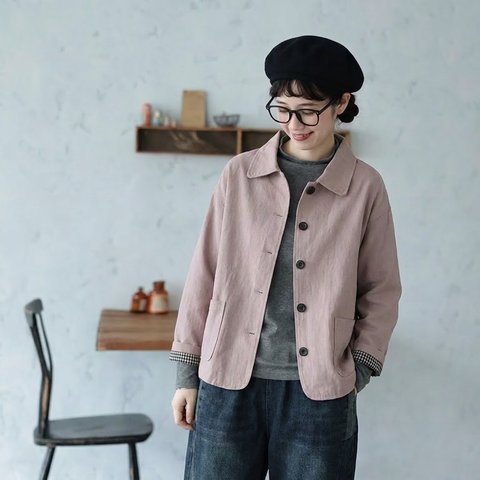 L-2XL 折り襟 カジュアル 軽やか シンプル ジャケット 2XL ピンク