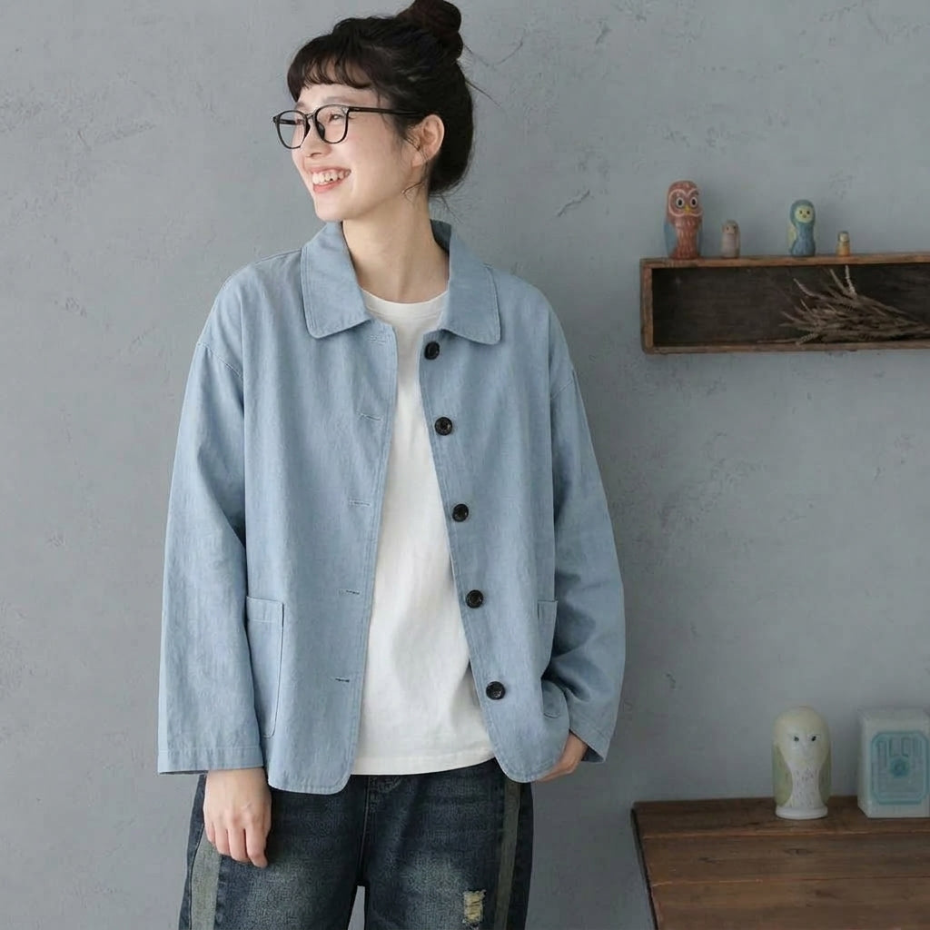 L-2XL 折り襟 カジュアル 軽やか シンプル ジャケット 2XL ブルー