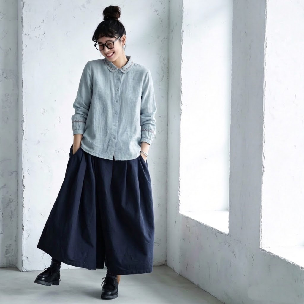 大人可愛いML 刺繍 無地 シャツ袖 長袖 エスニック系 シャツ L スモーキーブルー
