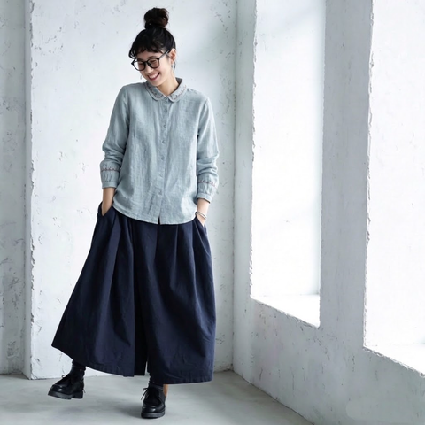 大人可愛いML 刺繍 無地 シャツ袖 長袖 エスニック系 シャツ L スモーキーブルー