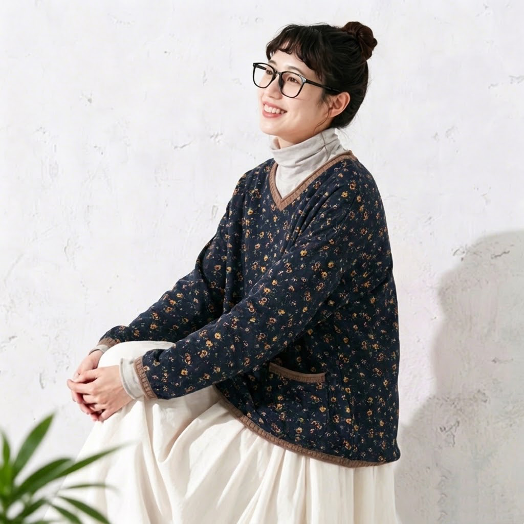 フリーサイズ V ネック 総柄プリント 配色切り替え ゆったり 長袖 Ｔシャツ フリー 写真通り