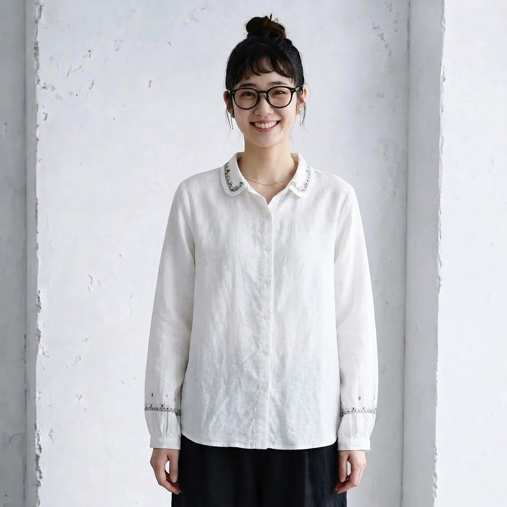 大人可愛いML 刺繍 無地 シャツ袖 長袖 エスニック系 シャツ M ホワイト