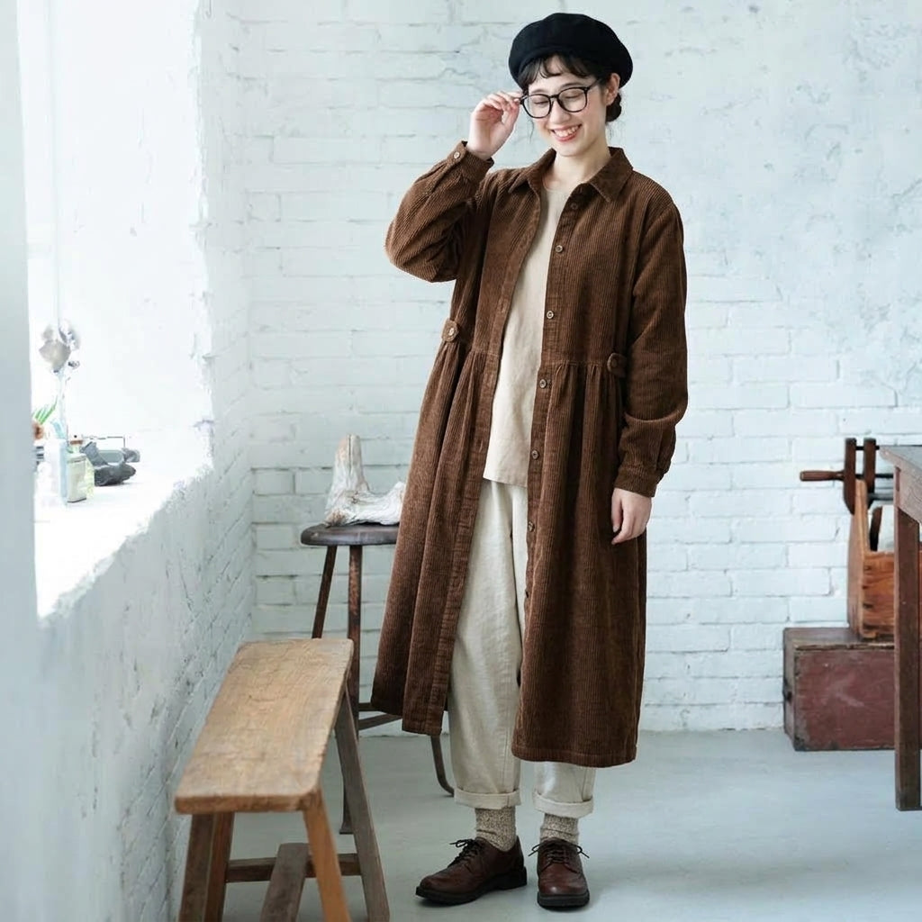 M-2XL コーデュロイ シャツカラー ギャザー きれいめ ロング丈 ワンピース 2XL ブラウン