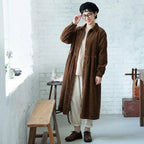 M-2XL コーデュロイ シャツカラー ギャザー きれいめ ロング丈 ワンピース 2XL ブラウン
