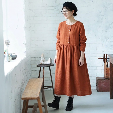 M-2XL キレイ見え コットン 柔らかい ナチュラル 長袖 ワンピース M 写真通り