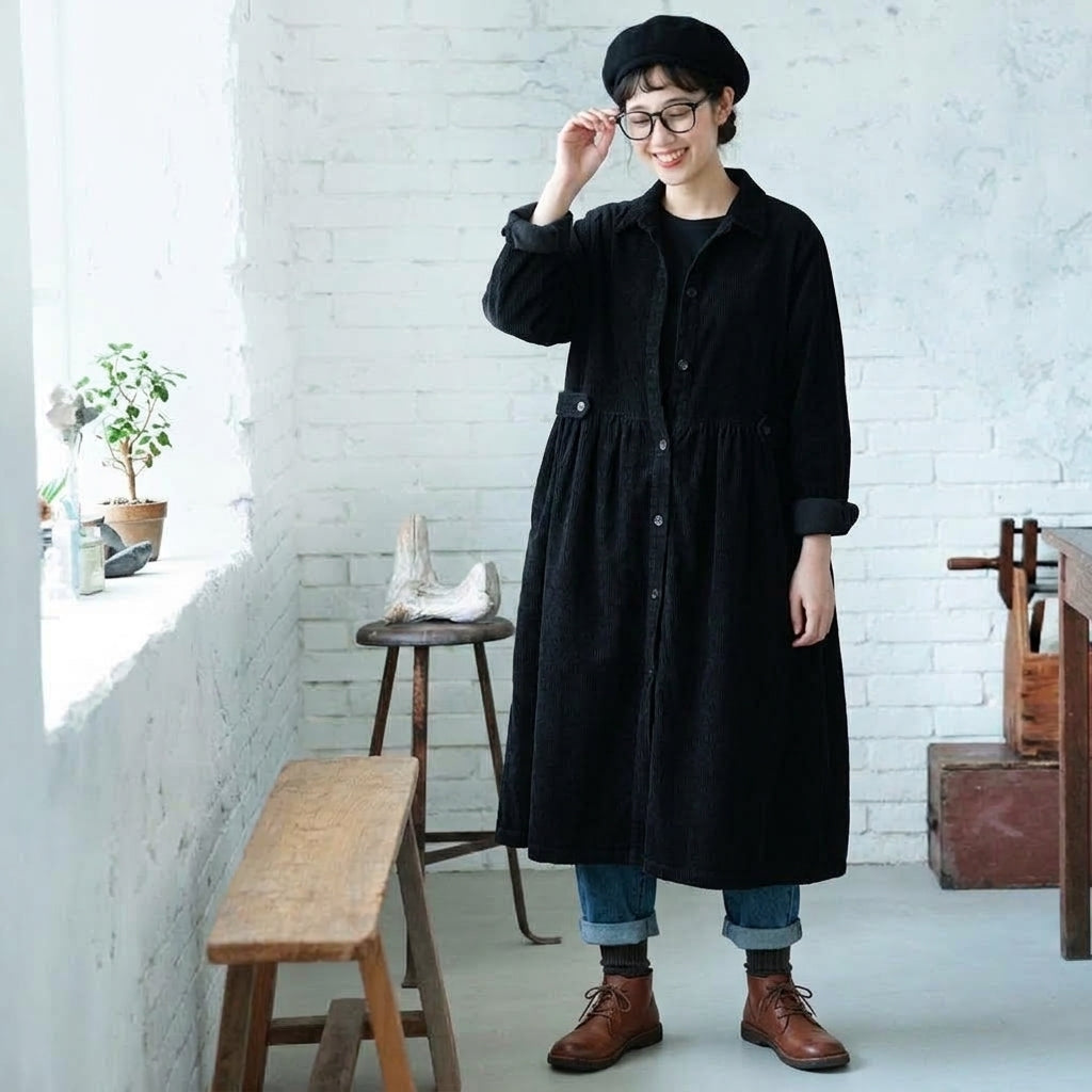 M-2XL コーデュロイ シャツカラー ギャザー きれいめ ロング丈 ワンピース 2XL ブラック
