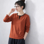 M-2XL ボタン 長袖 切り替え 配色 カジュアル 長袖 Ｔシャツ 2XL オレンジレッド