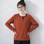 M-2XL ボタン 長袖 切り替え 配色 カジュアル 長袖 Ｔシャツ M オレンジレッド