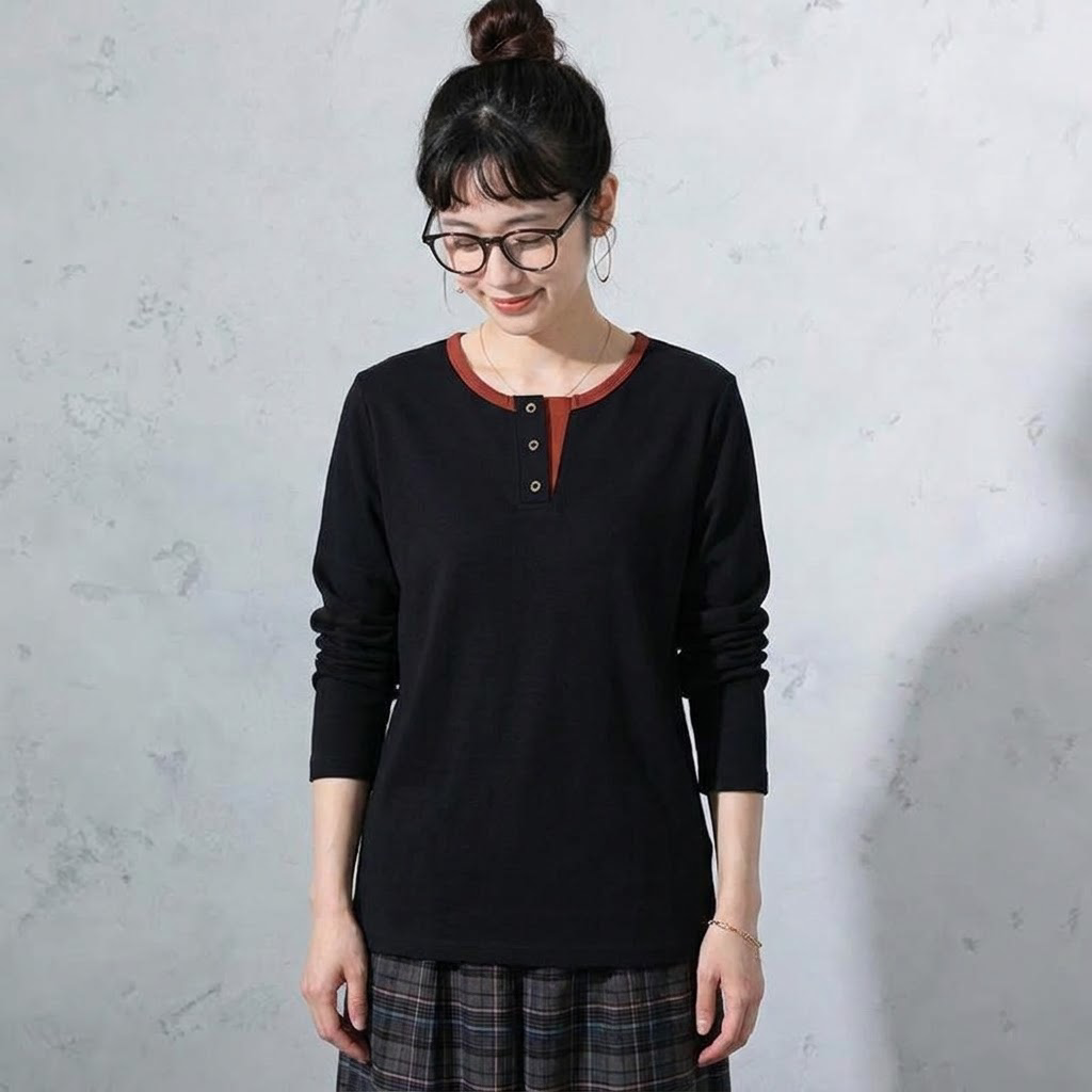M-2XL ボタン 長袖 切り替え 配色 カジュアル 長袖 Ｔシャツ M オレンジレッド