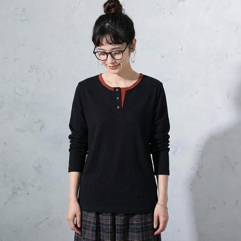 M-2XL ボタン 長袖 切り替え 配色 カジュアル 長袖 Ｔシャツ M オレンジレッド