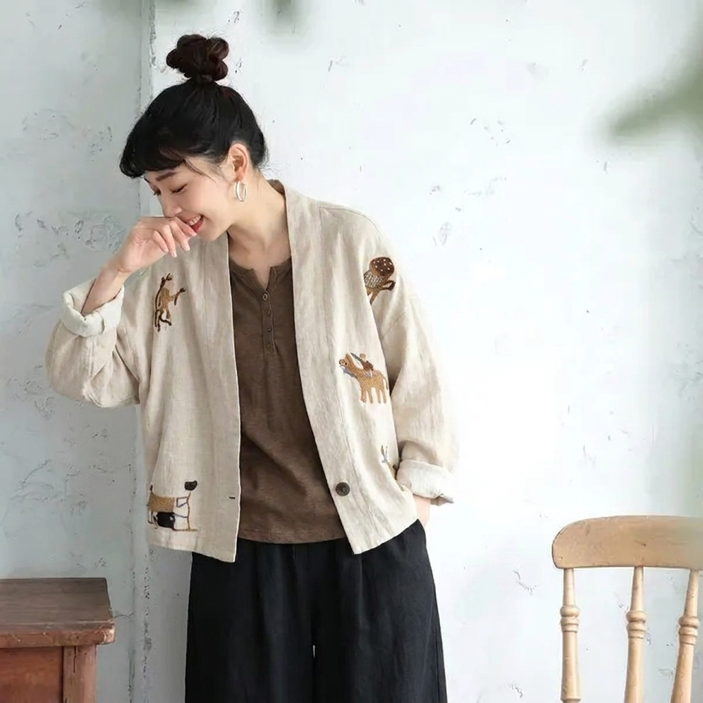 M-3XL 綿麻 柔らかい肌触り 刺繍 ボタン レトロ カーディガン M ナチュラル