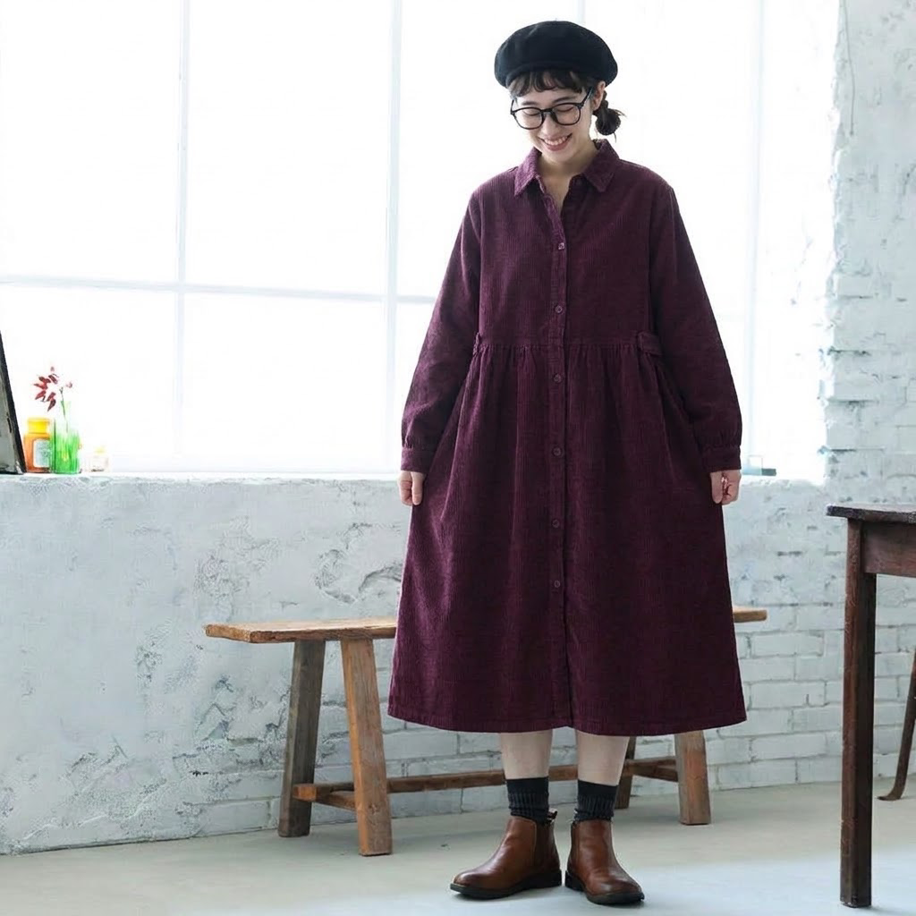 M-2XL コーデュロイ シャツカラー ギャザー きれいめ ロング丈 ワンピース 2XL なかむらさき