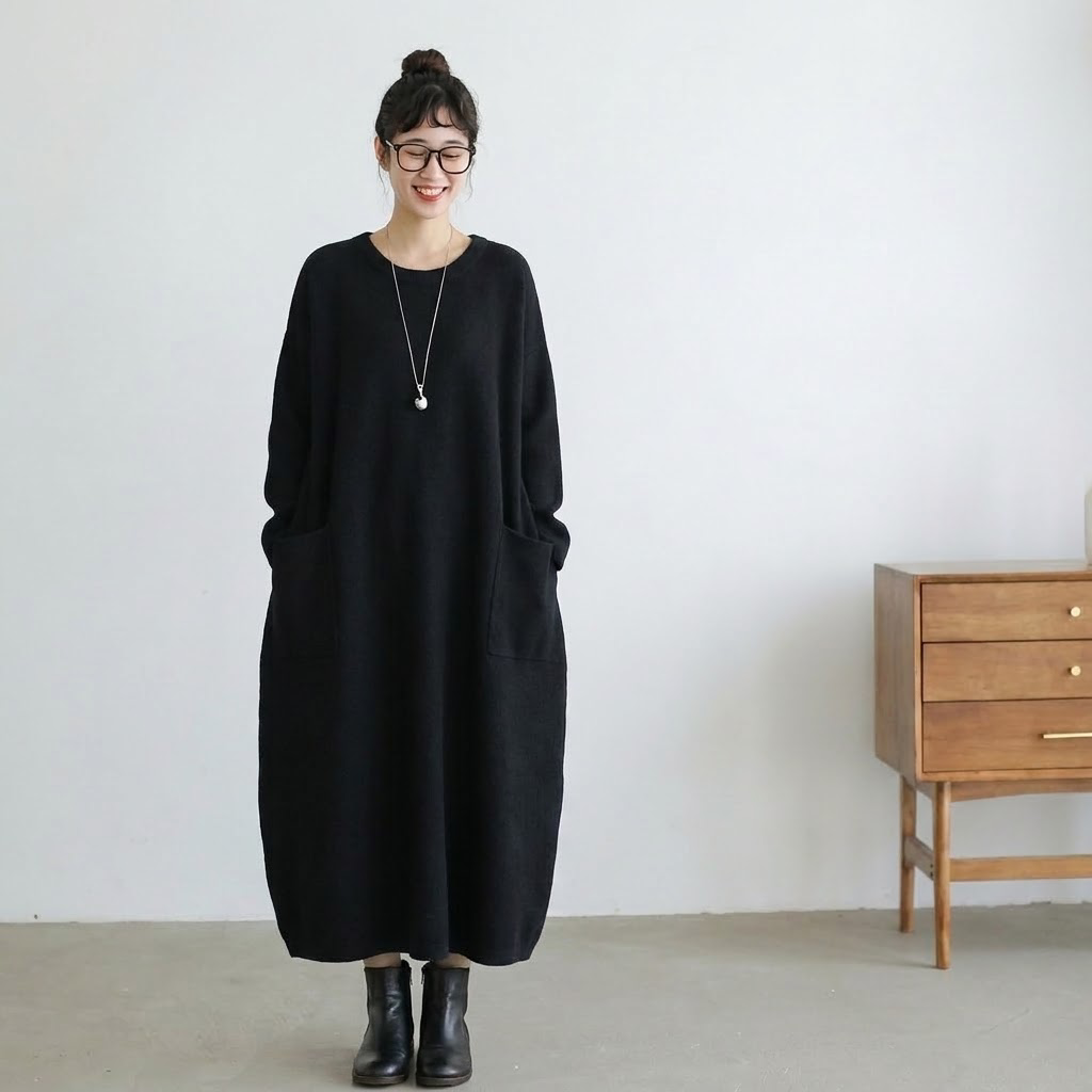 SML ハイネック ポケット付き ルーズシルエット 着回し 長袖 ロングワンピース S ブラック