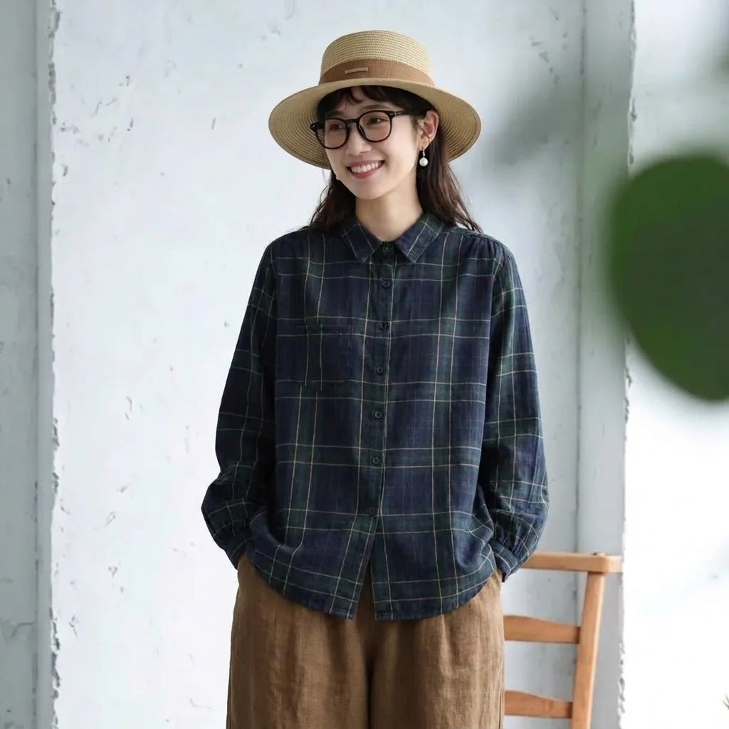 SML 季節の変わり目 チェック 体型カバー きれいめ シャツ L ネイビー