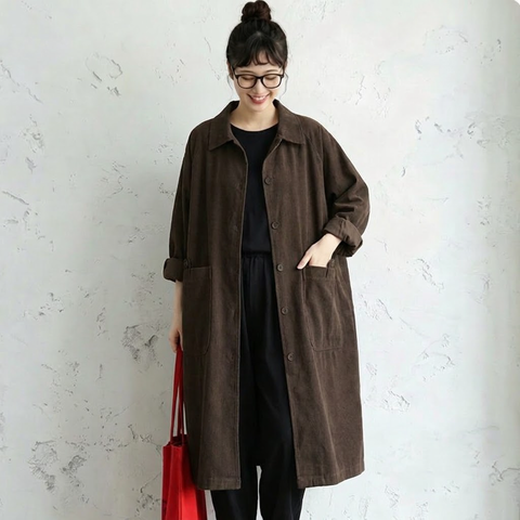 フリーサイズ レトロ ロング丈 オーバーサイズ 体型カバー カジュアル トレンチコート フリー コーヒー