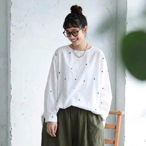 M-4XL 長く着られる 刺繍 体型カバー きれいめ ロングスリーブ  シャツ M ホワイト