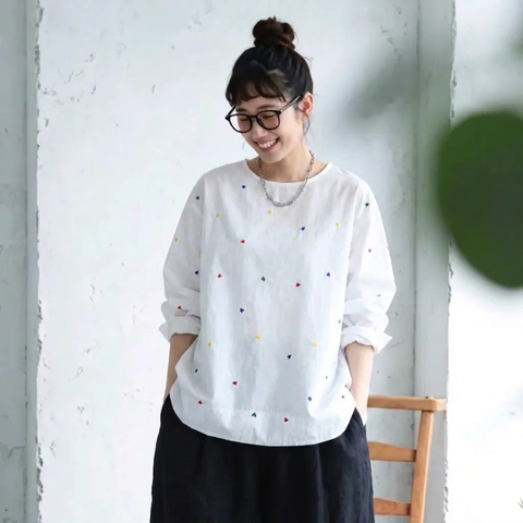 M-4XL 長く着られる 刺繍 体型カバー きれいめ ロングスリーブ  シャツ M ホワイト