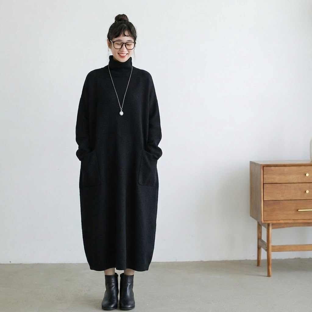 SML ハイネック ポケット付き ルーズシルエット 着回し 長袖 ロングワンピース L ブラック