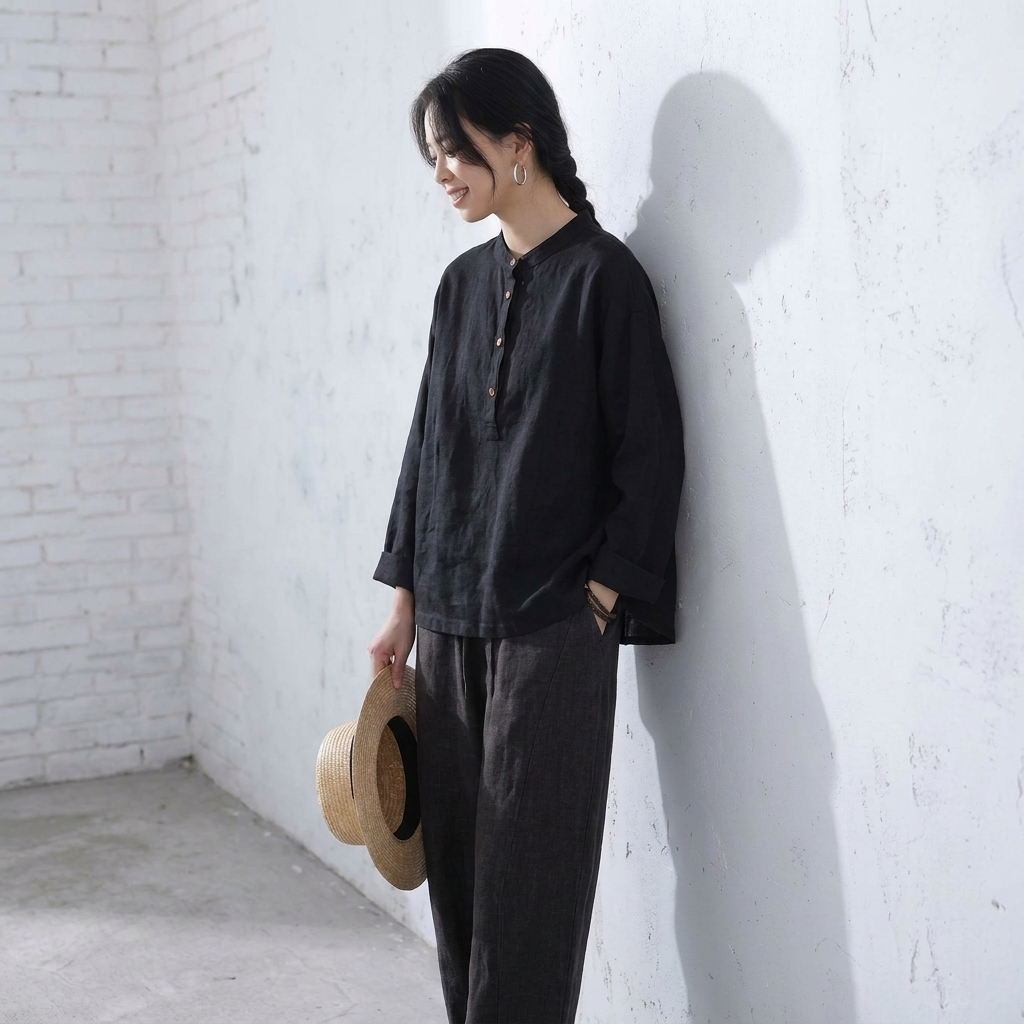 M~3XL レトロ コットン リネン 立襟 プルオーバー 長袖シャツ M ブラック