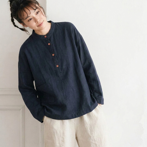M~3XL レトロ コットン リネン 立襟 プルオーバー 長袖シャツ M ブラック