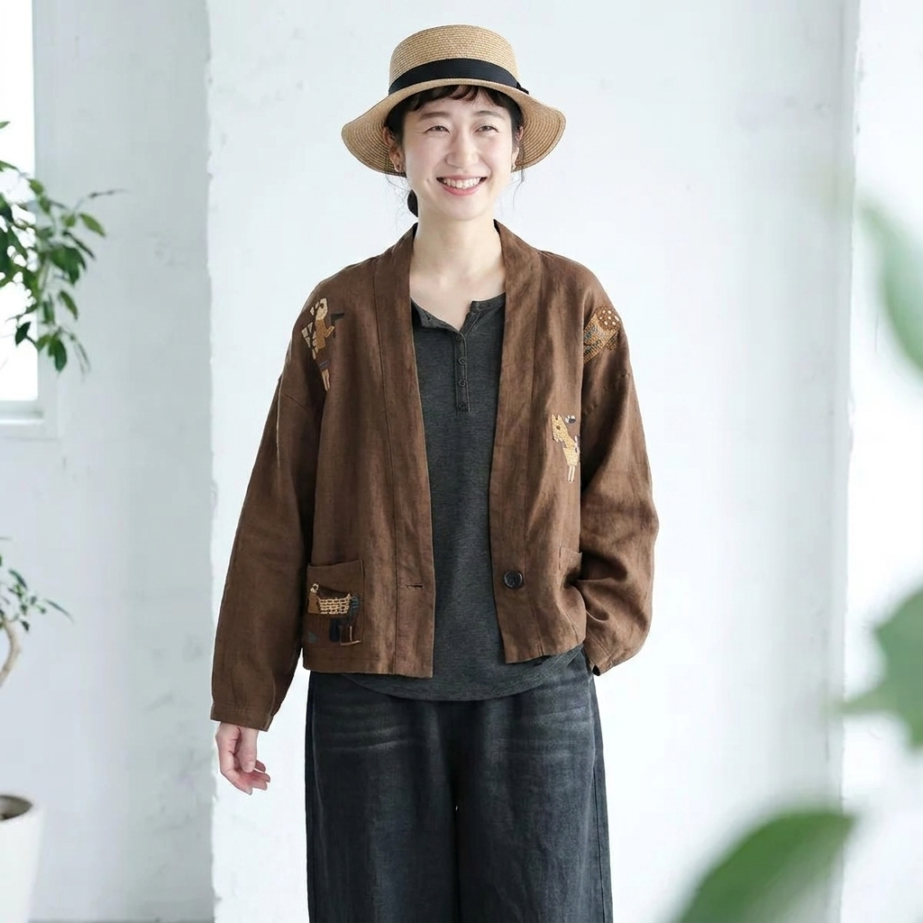 M-3XL 綿麻 柔らかい肌触り 刺繍 ボタン レトロ カーディガン M ナチュラル