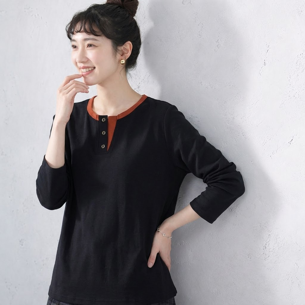 M-2XL ボタン 長袖 切り替え 配色 カジュアル 長袖 Ｔシャツ 2XL ブラック