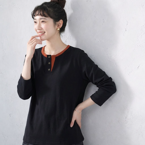 M-2XL ボタン 長袖 切り替え 配色 カジュアル 長袖 Ｔシャツ 2XL ブラック