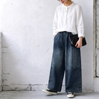 M-2XL  無地 切り替え ポケット付き  ガウチョパンツ 2XL ブルー
