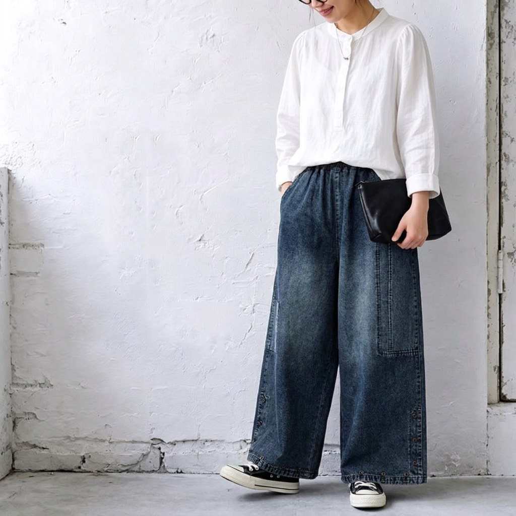 M-2XL  無地 切り替え ポケット付き  ガウチョパンツ 2XL ブルー