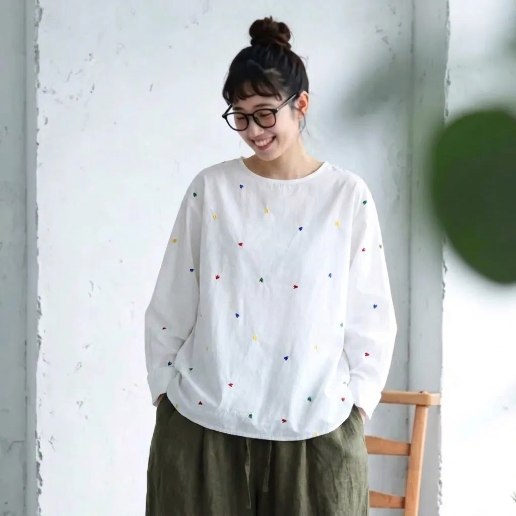 M-4XL 長く着られる 刺繍 体型カバー きれいめ ロングスリーブ  シャツ M ホワイト