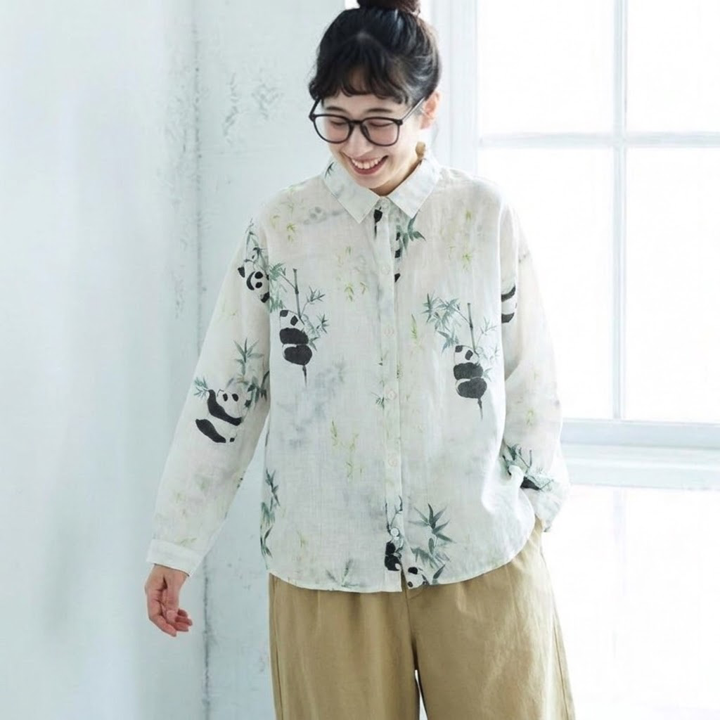 M-2XL 長く着られる プリント ゆったり きれいめ シャツ 2XL パンダ