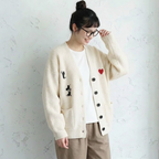 M-4XL 柔らかい クリームカラー 刺繍 ゆったり ルーズシルエット ニットカーディガン M ベージュ