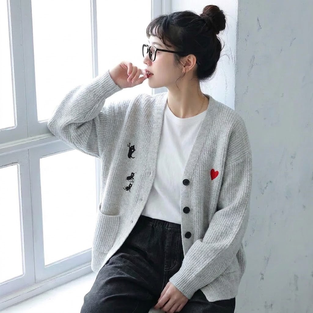 M-4XL 柔らかい クリームカラー 刺繍 ゆったり ルーズシルエット ニットカーディガン M ベージュ