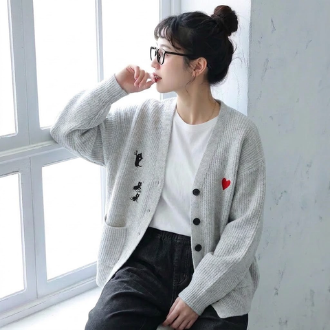 M-4XL 柔らかい クリームカラー 刺繍 ゆったり ルーズシルエット ニットカーディガン M ベージュ