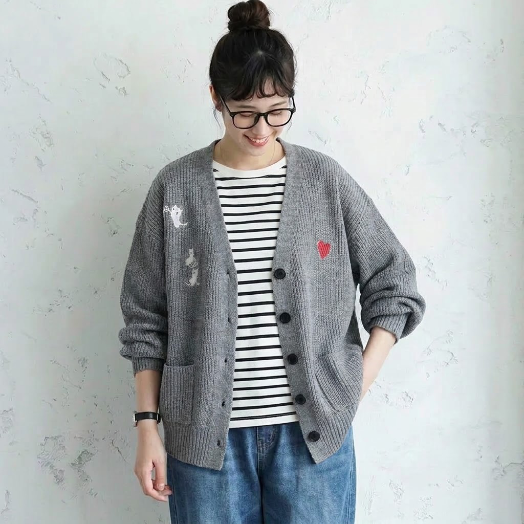 M-4XL 柔らかい クリームカラー 刺繍 ゆったり ルーズシルエット ニットカーディガン M ベージュ