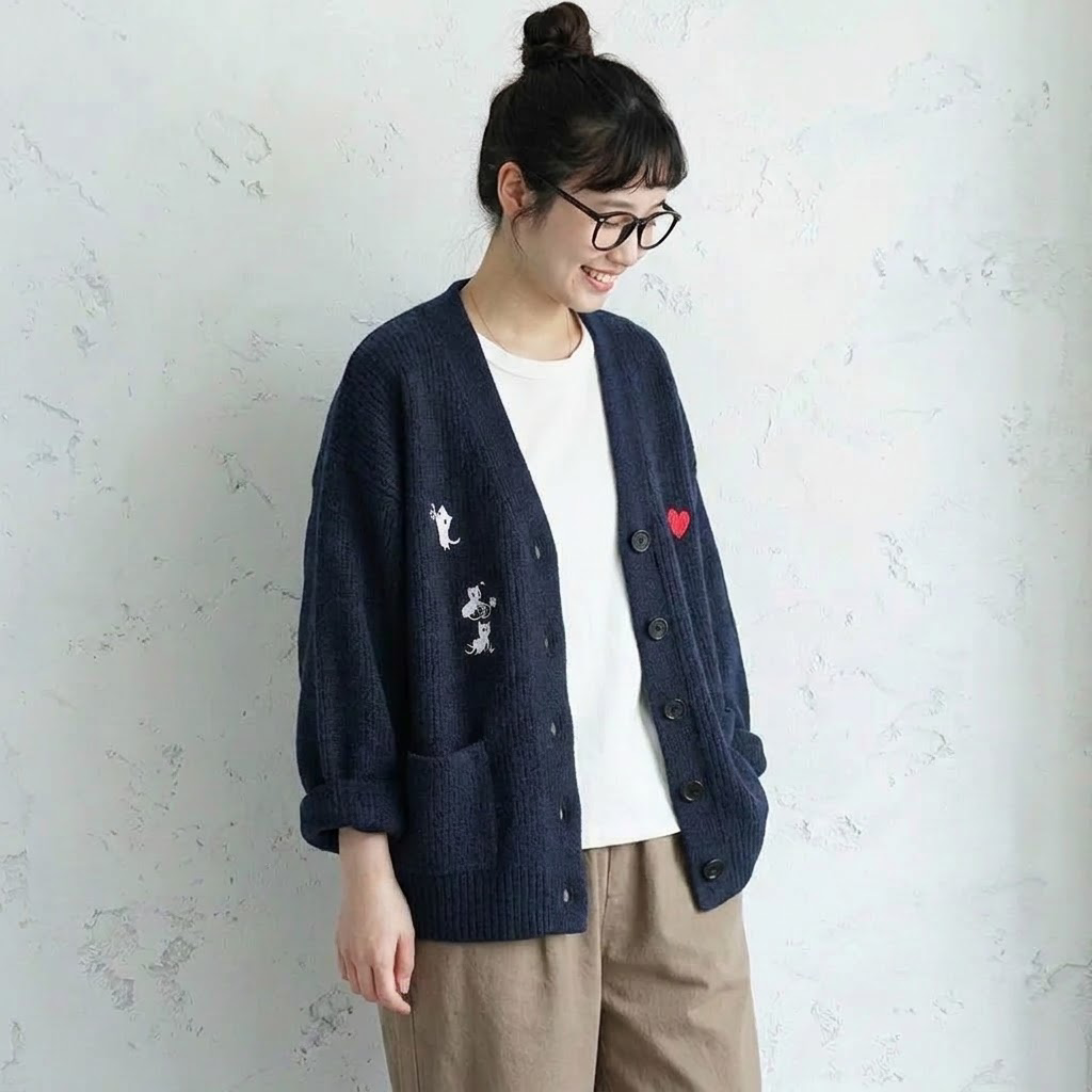 M-4XL 柔らかい クリームカラー 刺繍 ゆったり ルーズシルエット ニットカーディガン M ベージュ