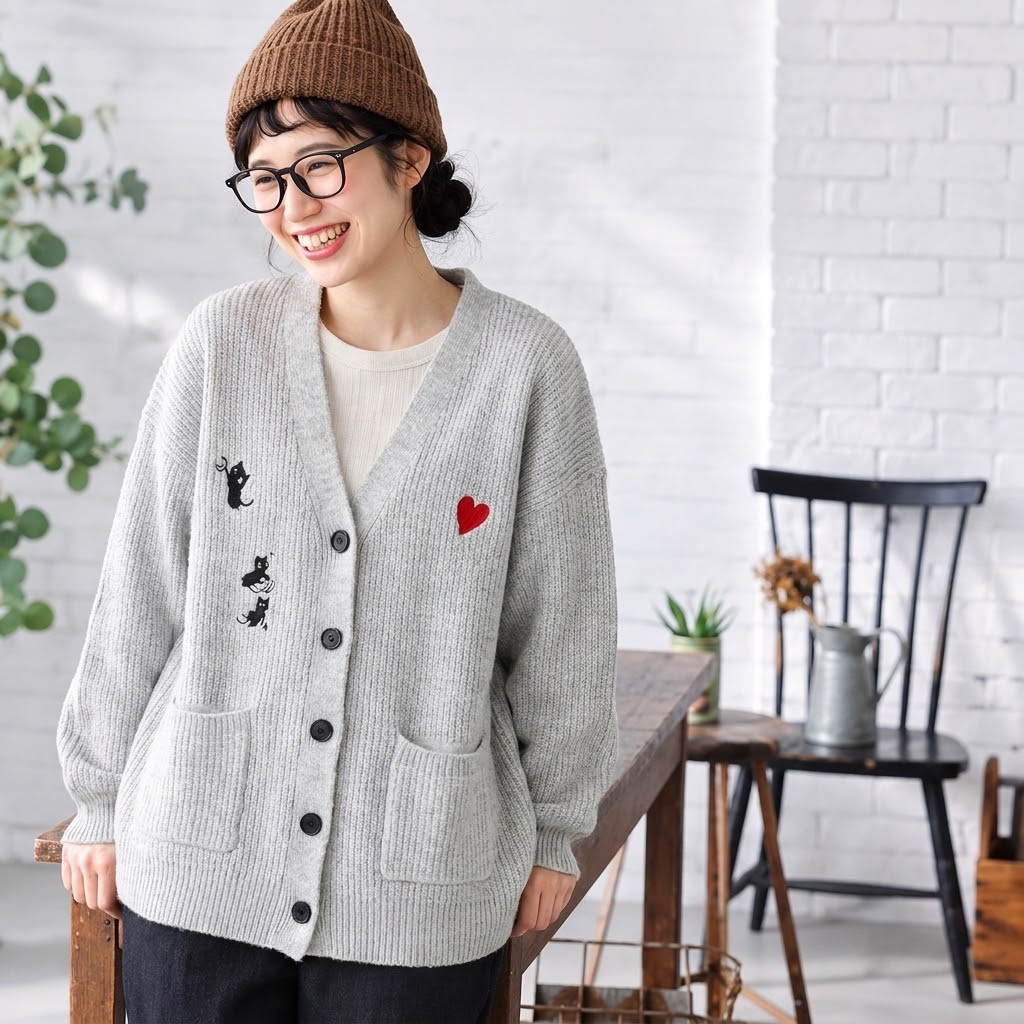 M-4XL 柔らかい クリームカラー 刺繍 ゆったり ルーズシルエット ニットカーディガン 4XL ライトグレー