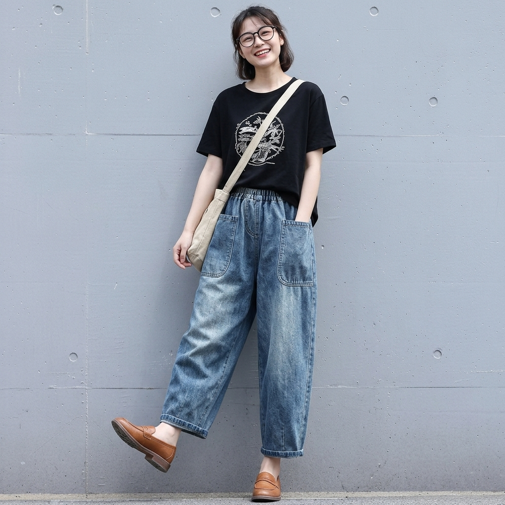 M-3XL 柔らかデニム アンクル丈（9分丈） 無地 ポケット付き ビックシルエット 体型をカバー 森ガール ジーンズ M ブルー