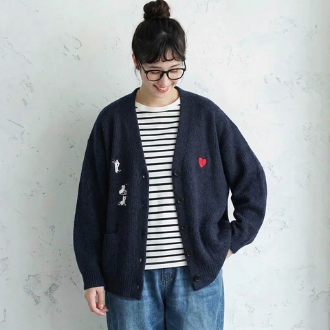 M-4XL 柔らかい クリームカラー 刺繍 ゆったり ルーズシルエット ニットカーディガン 4XL ネイビー