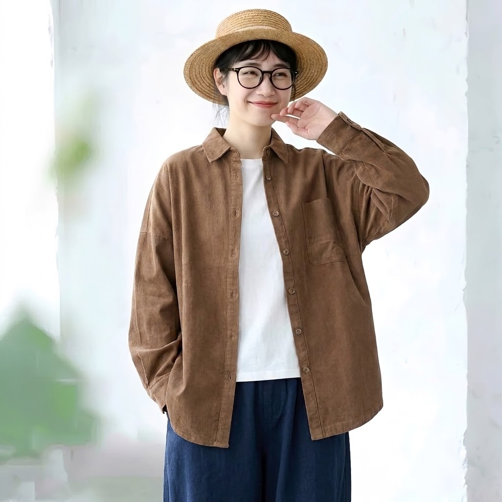M-2XL きれいめ 厚手仕様 ゆったり 体型カバー ロングスリーブ シャツ M ブラウン