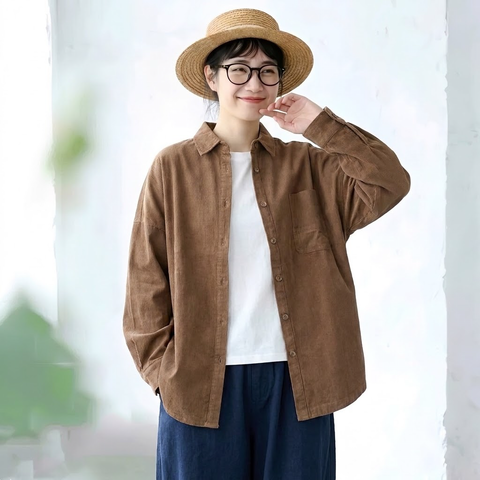 M-2XL きれいめ 厚手仕様 ゆったり 体型カバー ロングスリーブ シャツ M ブラウン
