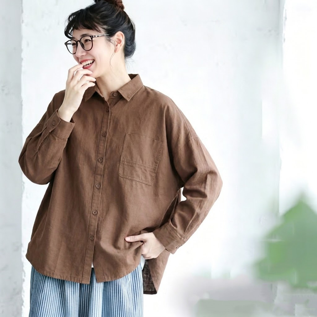 M-2XL きれいめ 厚手仕様 ゆったり 体型カバー ロングスリーブ シャツ M ブラウン