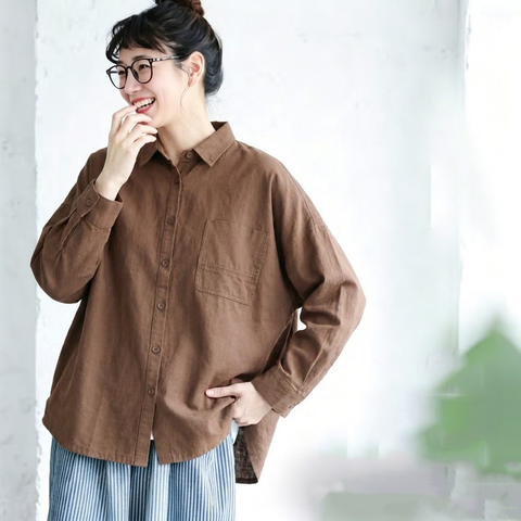 M-2XL きれいめ 厚手仕様 ゆったり 体型カバー ロングスリーブ シャツ M ブラウン