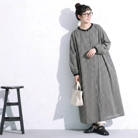 【コットン】M-2XL 長く着られる シンプル チェック柄 長袖 ワンピース M 写真通り